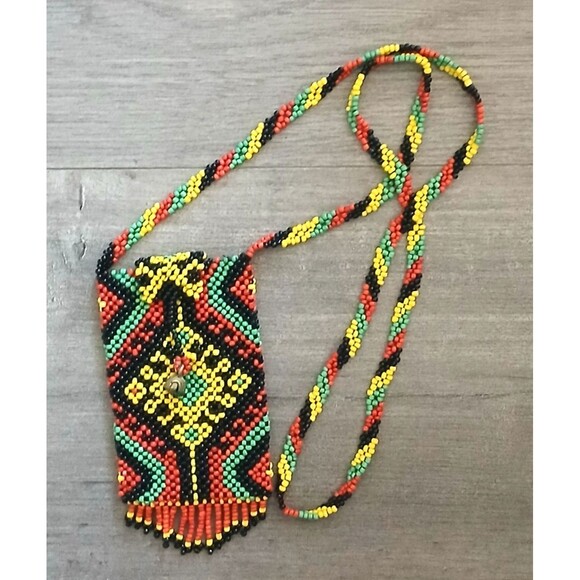 Handmade Colorful Beaded Pouch Mini Bag Tribal Medicine Bag 3"X5" fringed - Picture 2 of 5